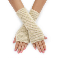 Gants chauds d'hiver beiges, moufles extensibles pour adultes, mitaines tricotées allongées à demi-doigts.