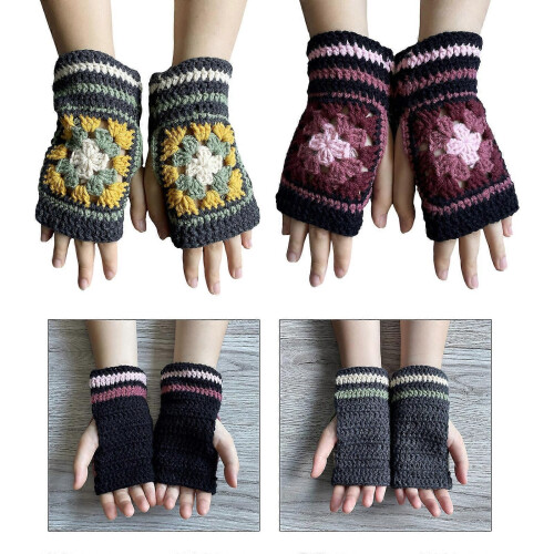 (rosarot) Winterwarme Handschuhe, dehnbare Fäustlinge, gestrickte Halbfingerhandschuhe mit Blumenmuster 1