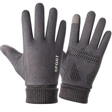 (Grijze suède handschoenen met volledige vingers) Winterse suède handschoenen voor heren, warm met fluweel,
