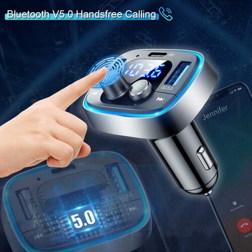 Hands-Free Calling Bluetooth Car Adapter, Wide Compatibility, Qc3.0 Quick Charge, Support Siri & Google Assistant, 7 Color Led Backlight Modes 2