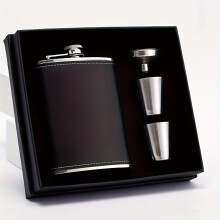 (1set Gift Box) Schwarze Geschenkbox aus Leder mit Litschi-Aufdruck, 227 ml, Edelstahl-Flaschen-Geschenkset mit
