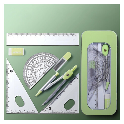 Math Compass 7 Pieces Stainless Steel Geometry Set (Color: Green)