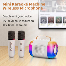 Mini Karaoke Maschine BT-Lautsprecher Set mit 2 kabellosen Mikrofonen, LED-Lichter und 10 Stunden Batterielaufzeit