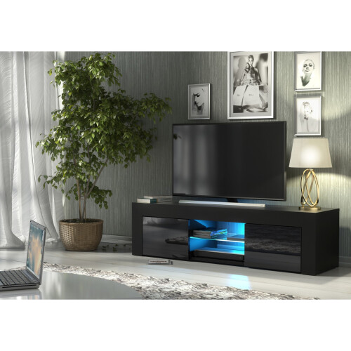 TV Unit 130cm Loom - Black with Gloss Doors and LED Lights 1
