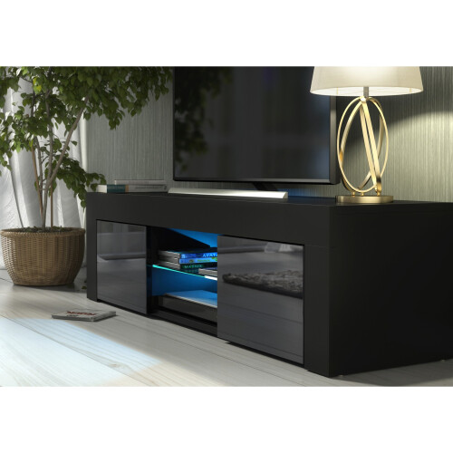 TV Unit 130cm Loom - Black with Gloss Doors and LED Lights 2