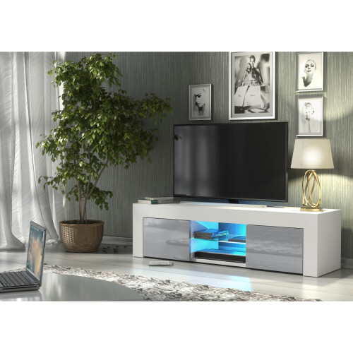 TV Unit 130cm Loom - White & Grey Gloss Doors and LED Lights 1