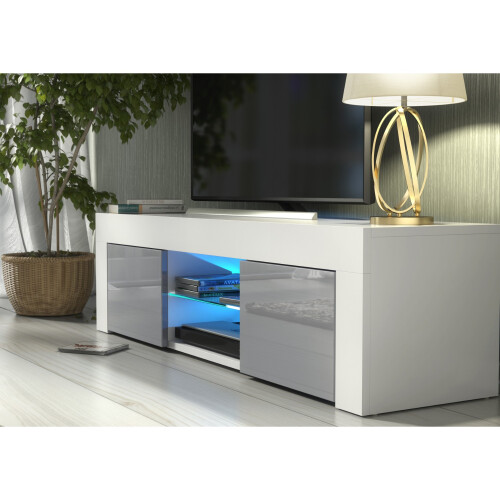 TV Unit 130cm Loom - White & Grey Gloss Doors and LED Lights 2