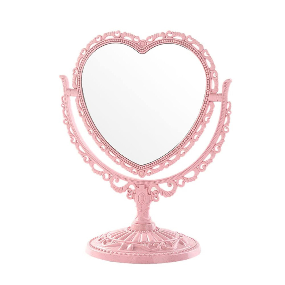 Pink Plastic Heart Shaped Makeup Mirror Tabletop Doublesided Rotatable Vanity Mirror For Women Girls