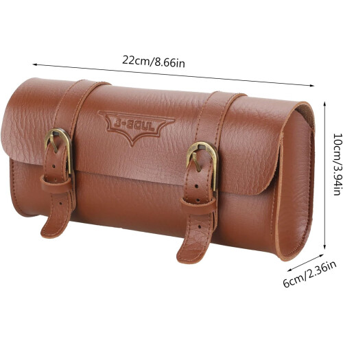 Motorcycle Tool Bag  Leather For Bicycle Fork Saddlebags, Handlebar Front Mount, Tail Rack Pouch With Straps, Brown 2