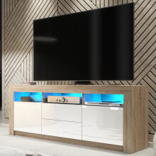 TV Unit 160cm Shine - Oak & White Gloss Doors and LED Lights