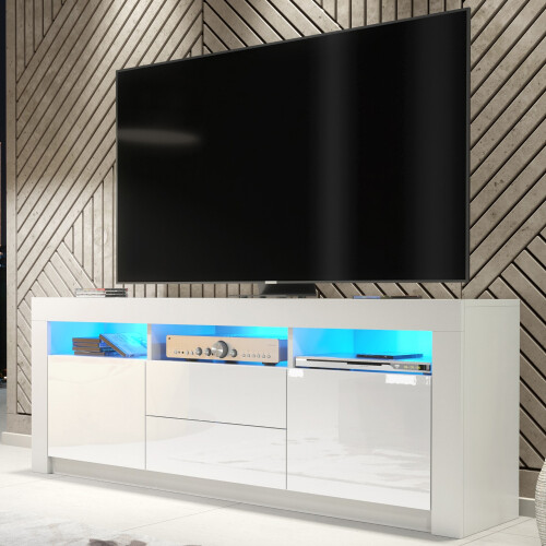 TV Unit 160cm Shine - White with Gloss Doors and LED Lights