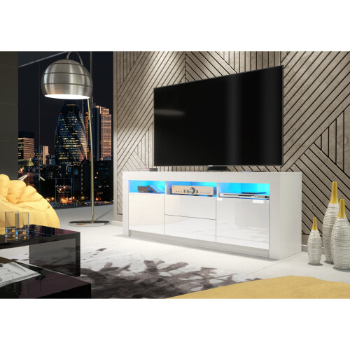 TV Unit 160cm Shine - White with Gloss Doors and LED Lights 1