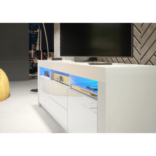 TV Unit 160cm Shine - White with Gloss Doors and LED Lights 2