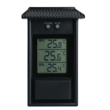 Digitale binnenthermometer voor kassen, stijlvol en weerbestendig ontwerp voor binnen- en buitengebruik, meet maximum- en minimumtemperaturen.