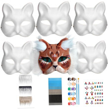 Therian Mask Kit, DIY Cat Mask Kit with Furry Stripes, Eye Mesh, Rhinestone Stickers, 12 Colors Paint and Brush for Masquerade Party Cosplay Costume
