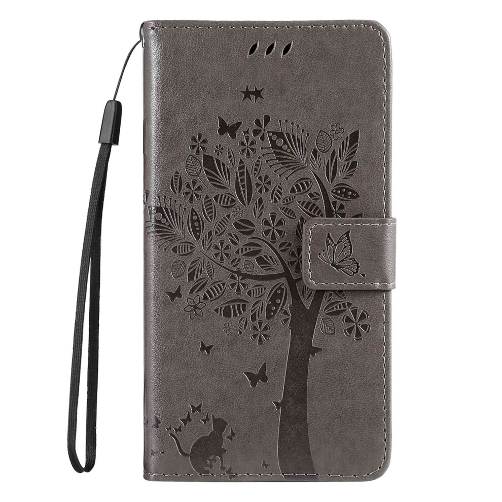 Oppo Reno 11 5G Case, Flip Leather Wallet, Embossed Cat Tree, Kickstand, Card Holder, Magnetic Closure, Grey 9347817947946