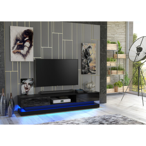 TV Unit 180cm Bloom - Black with Gloss Doors and LED Lights 1