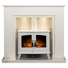 Acantha Larissa White & Grey Marble Stove Fireplace with Downlights &