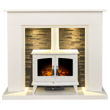 Acantha Miramar White Marble Stove Fireplace with Downlights & Woodhou