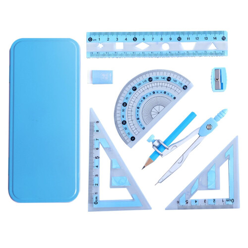 Math Compass and Protractor Set with Ruler, Eraser, Sharpener, blue