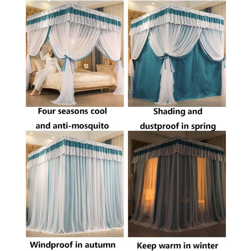 Mosquito Net Bed Canopy Double Layer with 4Pole Support, Lace Decor, Full Enclosure for King Bed 1