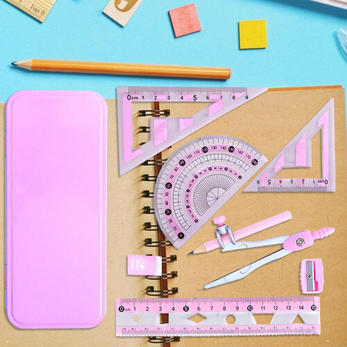 Protractor and Compass Set with Shatterproof Storage Box, Pink 1