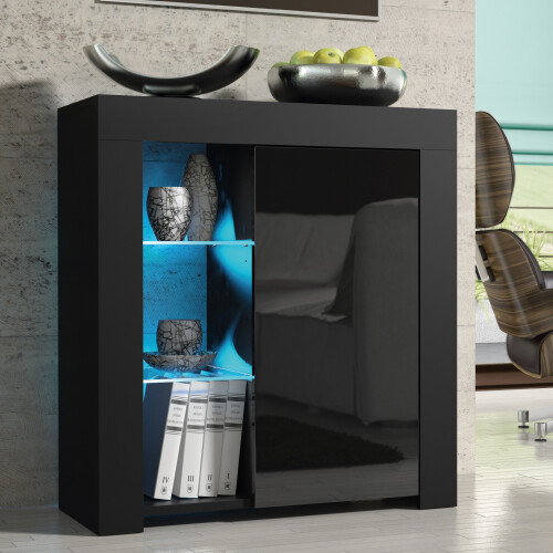Sideboard 83cm Serene - Black with Gloss Doors and LED Lights