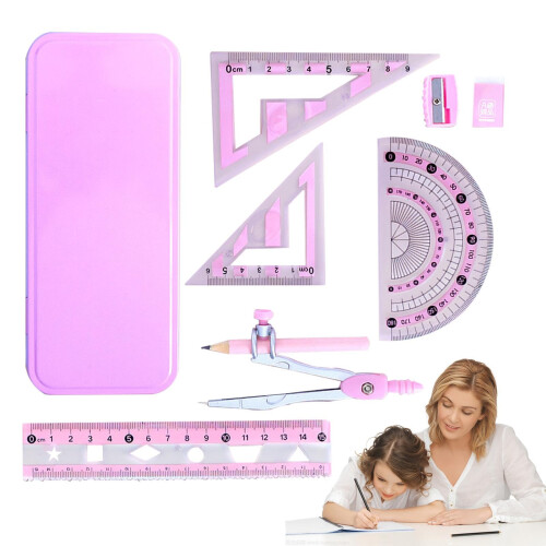 Compass Protractor Set, Geometry Kit includes compass, protractor, ruler in pink.