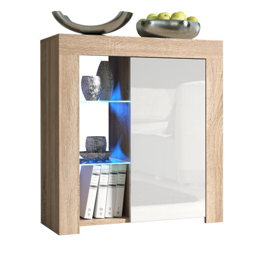 Sideboard 83cm Serene - Oak & White Gloss Doors and LED Lights 2