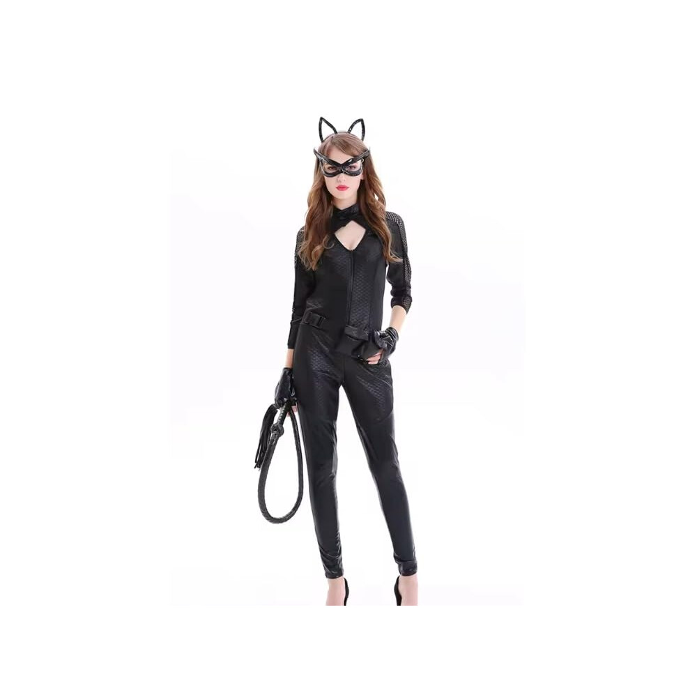 Black Latex Catsuit For Women, Faux Leather, With Front Zipper, Cosplay Overall L