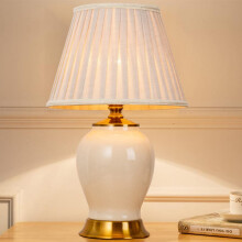 Ceramic Table Lamp, Bedside Table Light, Desk Lights, Fabric Lampshade (White)