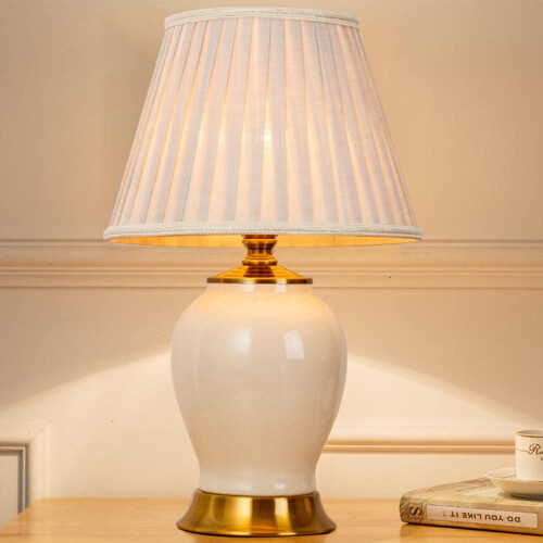 Ceramic Table Lamp, Bedside Table Light, Desk Lights, Fabric Lampshade (White)