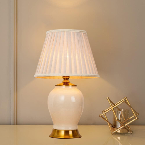 Ceramic Table Lamp, Bedside Table Light, Desk Lights, Fabric Lampshade (White) 2