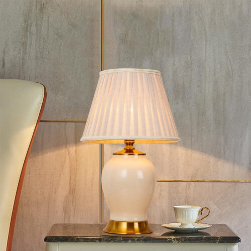 Ceramic Table Lamp, Bedside Table Light, Desk Lights, Fabric Lampshade (White) 1