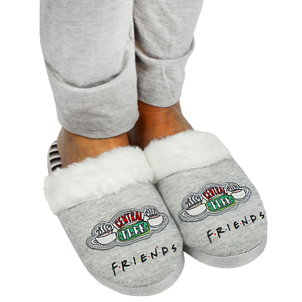 Friends Central Perk Girls Slippers | F.r.i.e.n.d.s House Shoes For Kids | Glitter Sole & Fluffy Children Bedtime Slippers | Grey Central Perk Slippers For