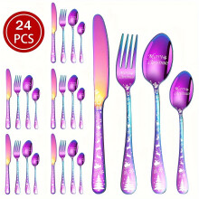(Bunt, 24 Stück) Besteckset „Merry Christmas“ aus Edelstahl – bestehend aus Speisemesser, Gabel, Löffel und Dessertlöffel mit festlichem