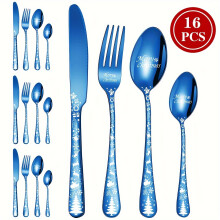 (Blue, 16pcs-4 servings) Ensemble de couverts en acier inoxydable Joyeux Noël – Comprend un couteau, une fourchette, une cuillère et une