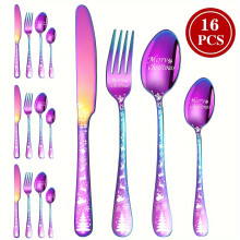 (Bunt, 16 Stück) Besteckset „Merry Christmas“ aus Edelstahl – bestehend aus Speisemesser, Gabel, Löffel und Dessertlöffel mit festlichem