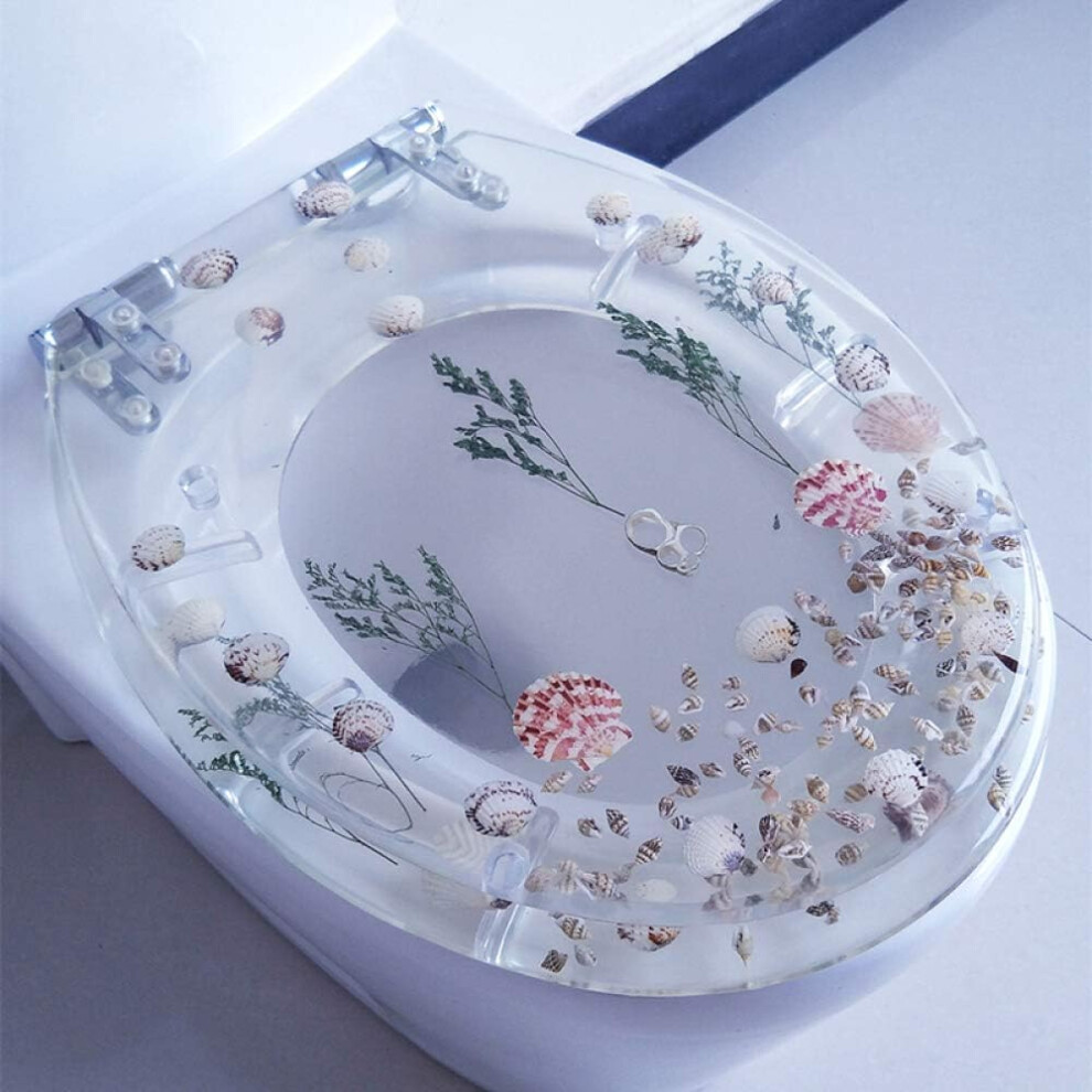 Transparent Resin Toilet Seat, Real Shells, Antibacterial, Adjustable, Stainless Steel Hinge, Slow Lowering, Mounting 9365049775915
