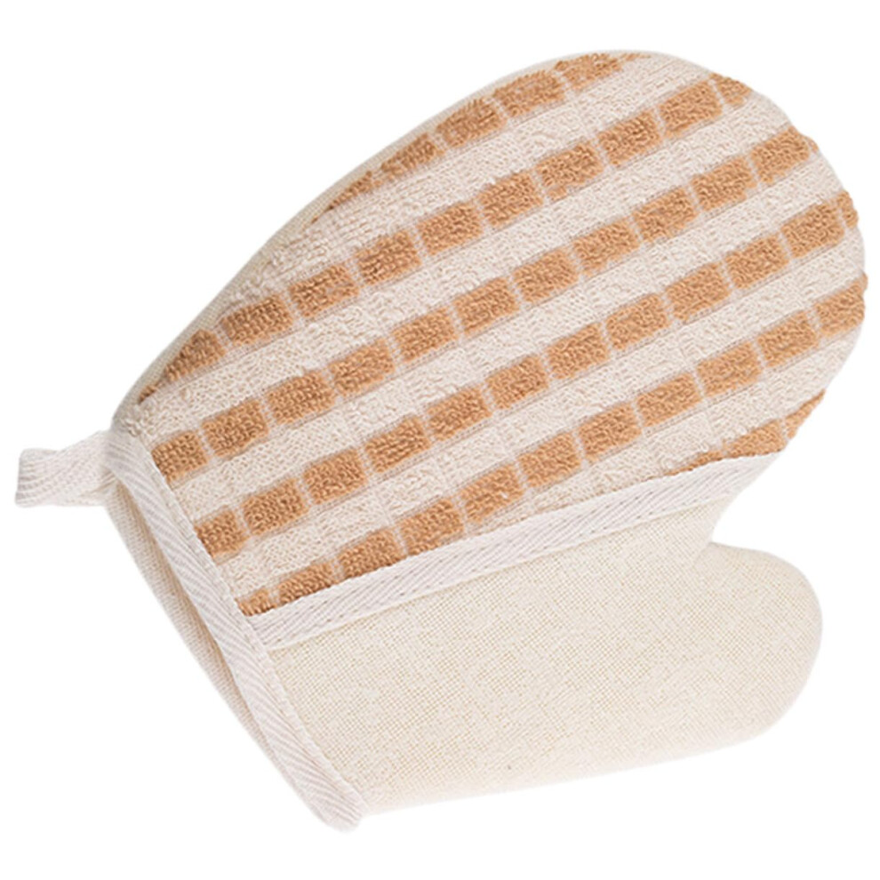 Exfoliating glove for bath, ergonomic design with diagonal fingers, versatile for spa and wellness use.