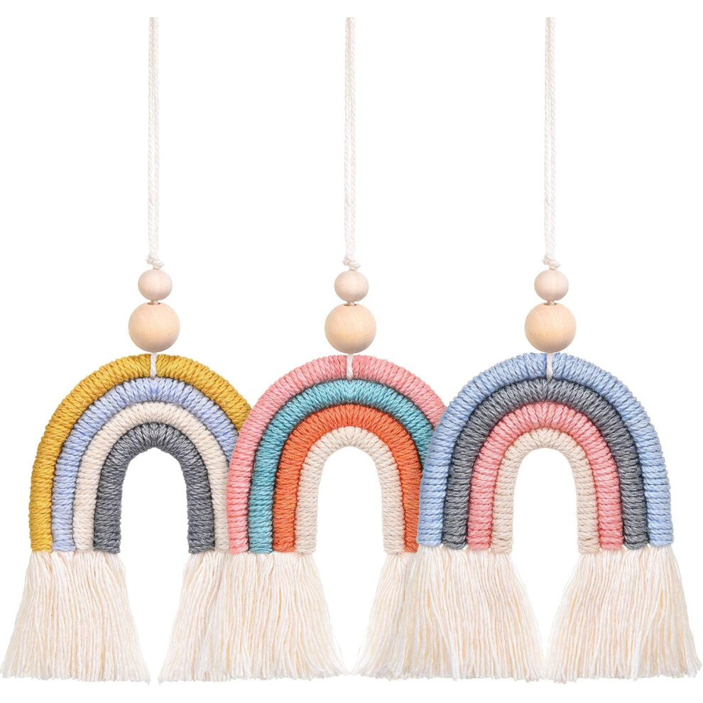 Macrame Rainbow Car Charm, Boho Design With Wooden Beads For A Vibrant Home Wall Car Decoration, Can Be Used As Essential Oil Diffusers, 3Pcs Durable 9190834248301