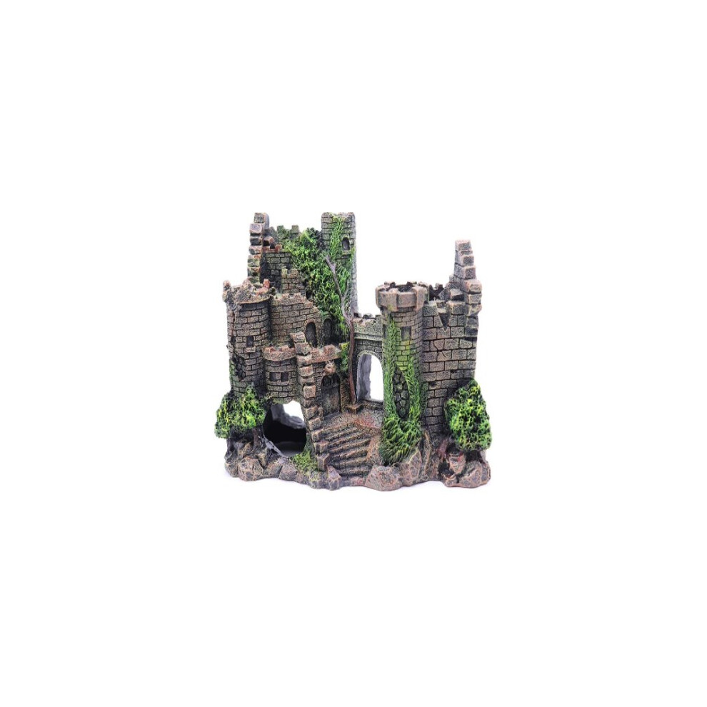 Aquarium Decorations, Ancient Medieval Castle Ruins Fish Tank Ornaments with Real Moss Design for Betta Hideout, Non-Toxic Eco-Friendly Resin