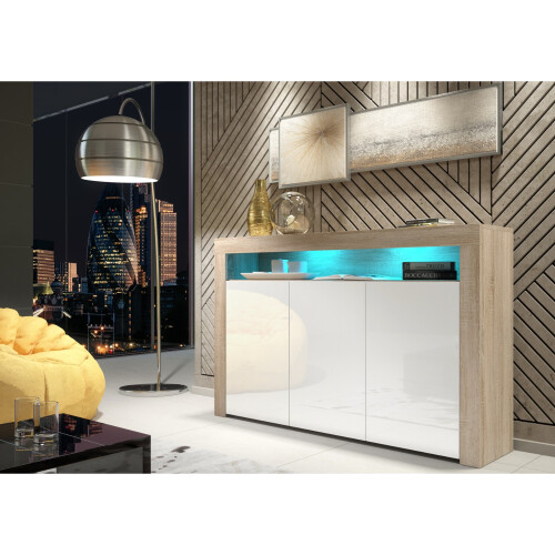 Sideboard 155cm Aether - Oak & White Gloss Doors and LED Lights 1