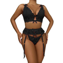 Women's 3Piece Lingerie Set Sexy Bra Panty GString Garter Belt Lace XL Black