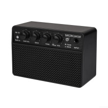 Guitar amplifier with battery functionality, compact design, ideal for musicians on the go with sound.