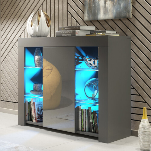 Sideboard 97cm Harbor - Dark Grey with Gloss Doors and LED Lights