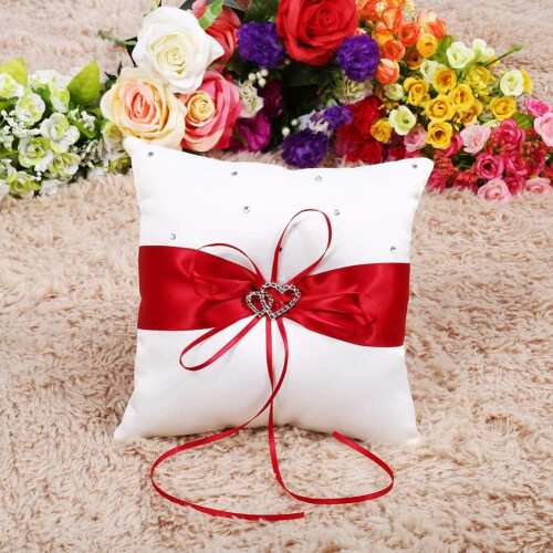 Wedding Round Cushion with Bow Double Hearts Gems Red 1