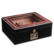 Glass Cigar Humidor 50Cigar Capacity, Humidifier, Hygrometer, Handcrafted Ebony Finish, Gold Plated Hinges