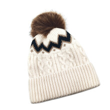 Chapeau tricoté en acrylique chaud avec bloc de couleur-Beige M