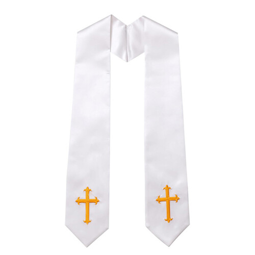 Double Sided Clergy Stole with Embroidery Crossed Pattern-White